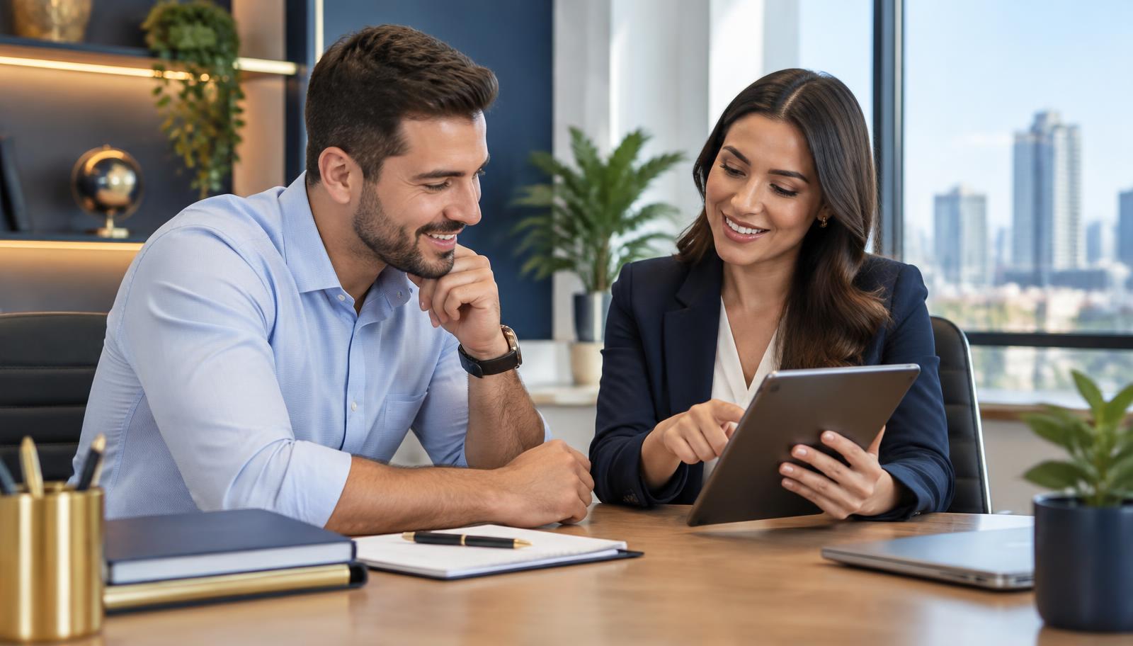 Consultora explicando opções financeiras em um tablet