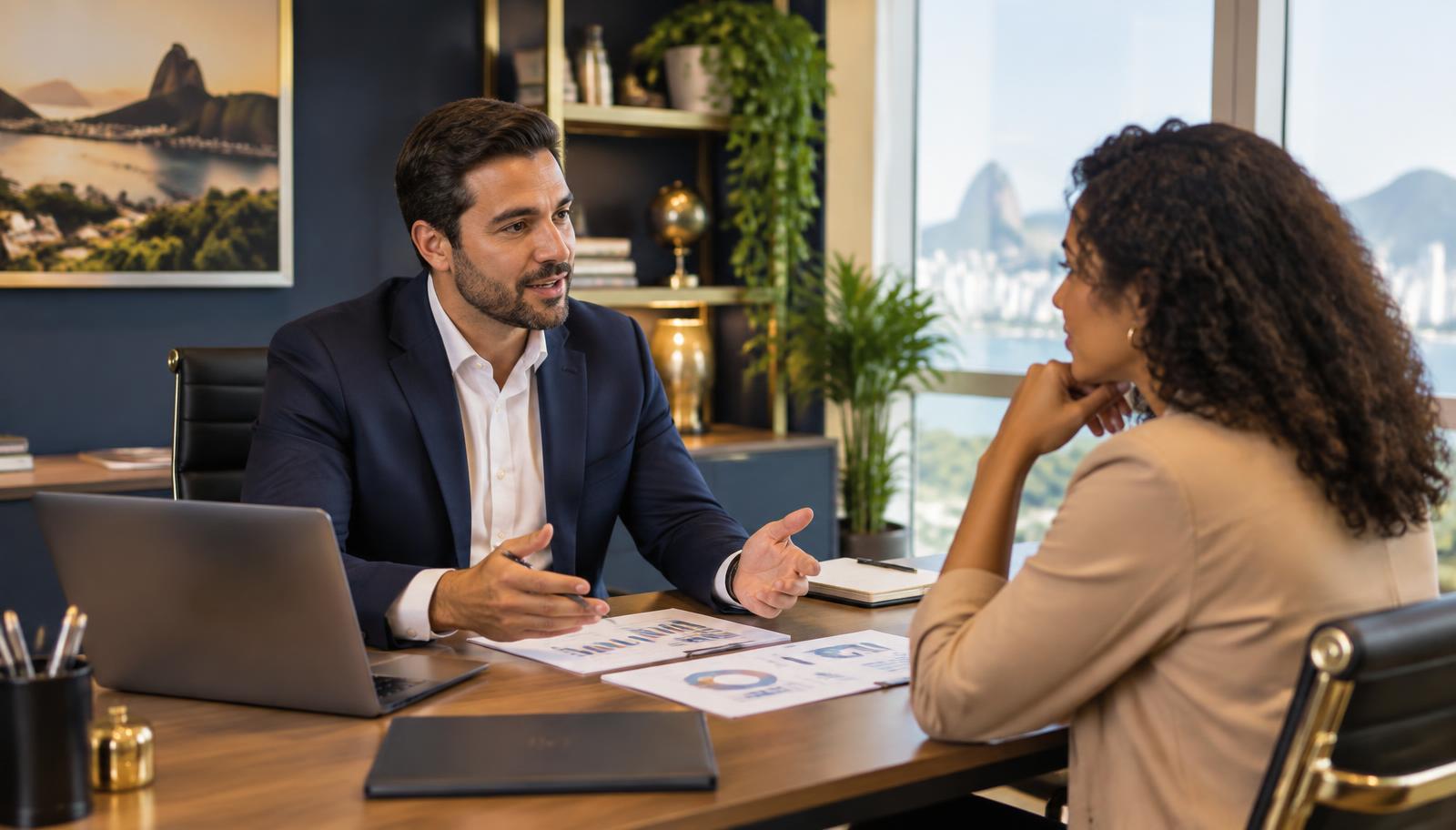 Consultor financeiro conversando com uma cliente sobre opções de crédito